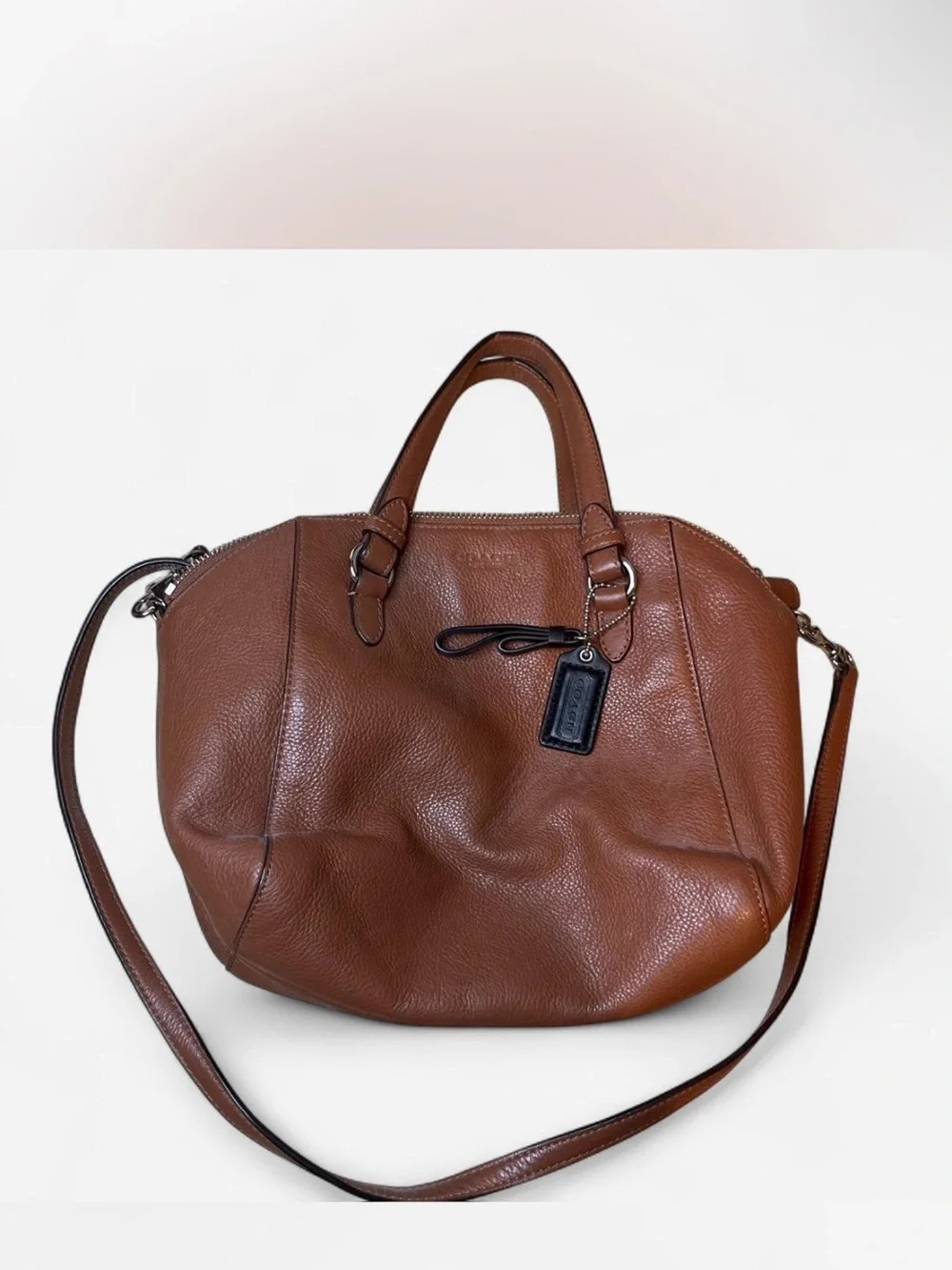 Coach Brown Pebble Leather Dome Shoulder Bag with Black Tag